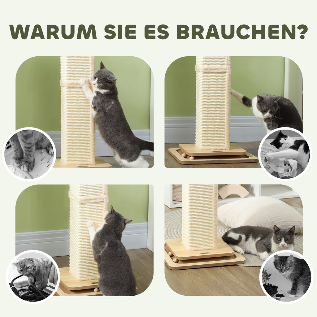 PawHut 3-in-1-Kratzbaum mit Spielschiene, Spielball, Sisal, bis 10 kg, 39,5 x 39,5 x 87 cm, Eiche/Creme