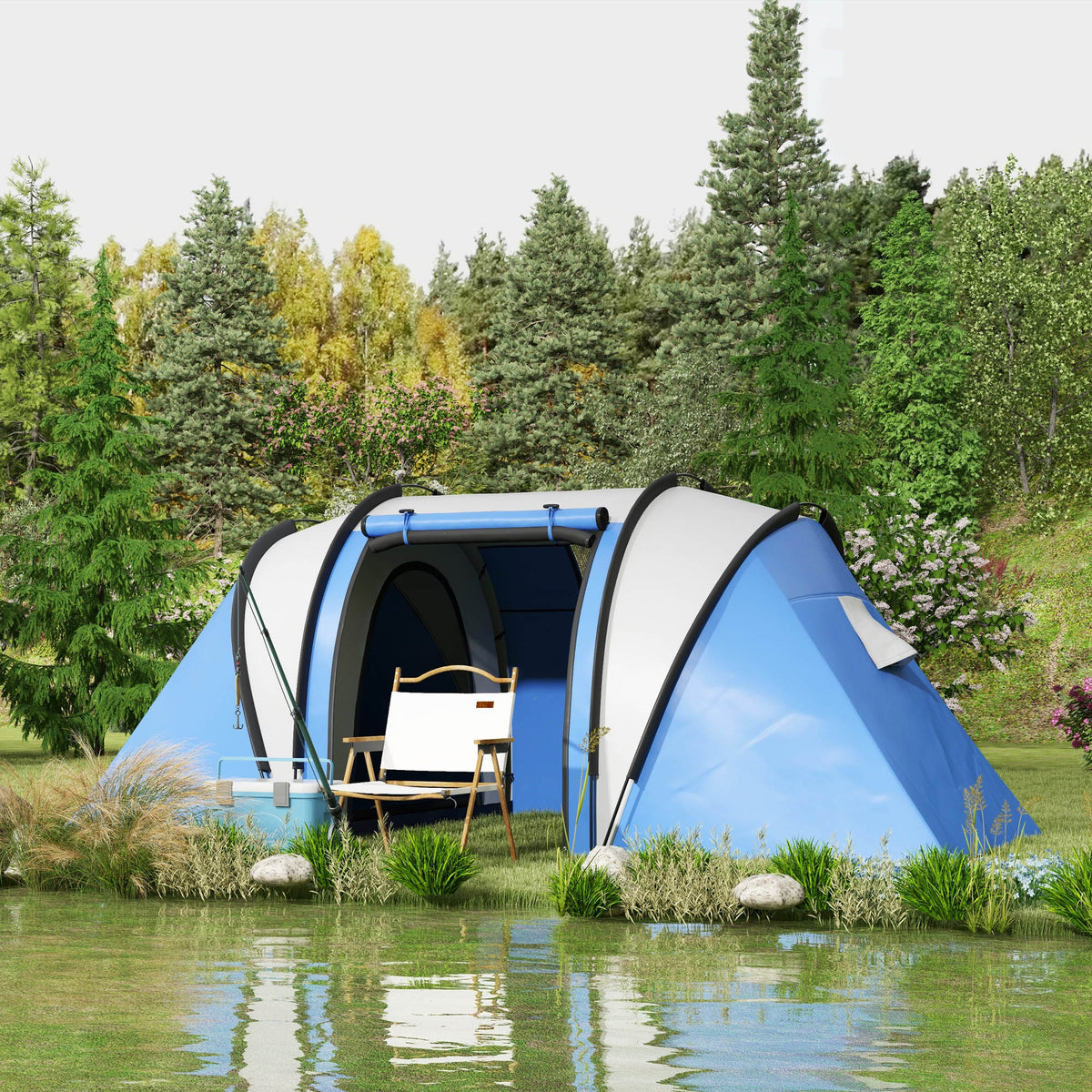 Outsunny Campingzelt für 4-5 Personen leicht wasserabweisend Familienzelt mit 3 Zimmer Seitentür Fenster Blau