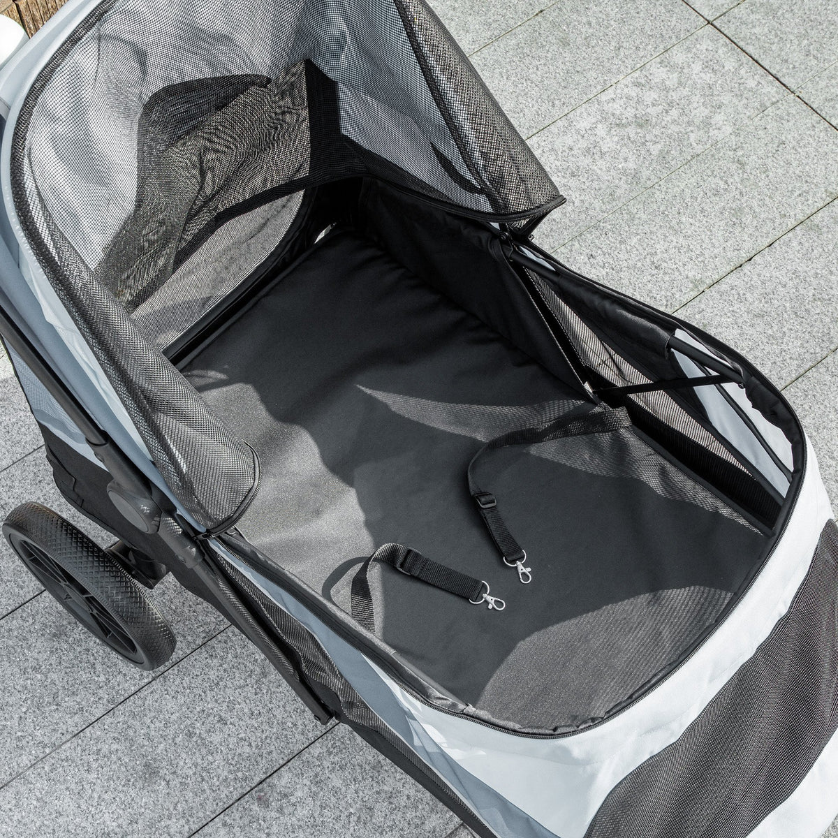 PawHut Hundewagen, Faltbarer Hundebuggy für große Hunde, Haustierwagen mit 4 Rädern, Sicherheitsleinen, Bremsen, Grau