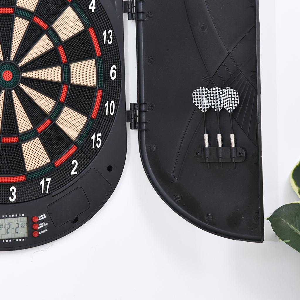 HOMCOM Elektronische Dartscheibe Dartboard mit Sprachansagen Englische Stimme LED-Anzeigen 6 Darts 26 Spiele 185 Varianten Dartautomat mit Tür Dartscheibe Set für bis zu 8 Spieler