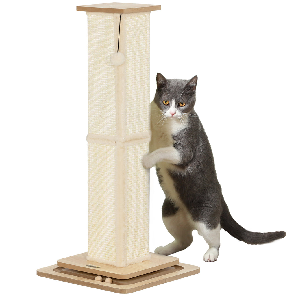 PawHut 3-in-1-Kratzbaum mit Spielschiene, Spielball, Sisal, bis 10 kg, 39,5 x 39,5 x 87 cm, Eiche/Creme
