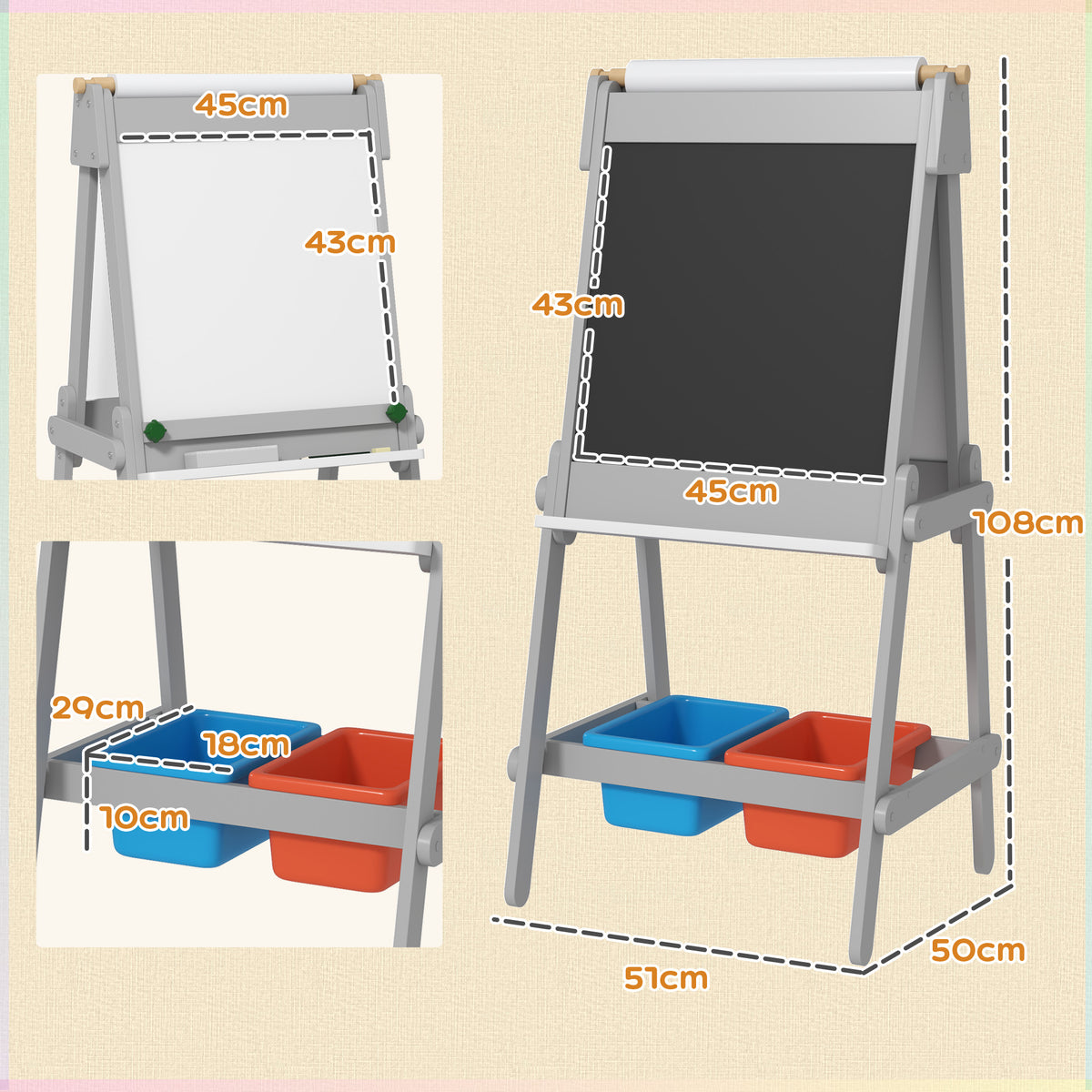 AIYAPLAY Doppelseitige Kindermalstaffelei mit Papierrolle, Kreidetafel, Whiteboard, 3-in-1-Design, zum Zeichnen und Malen