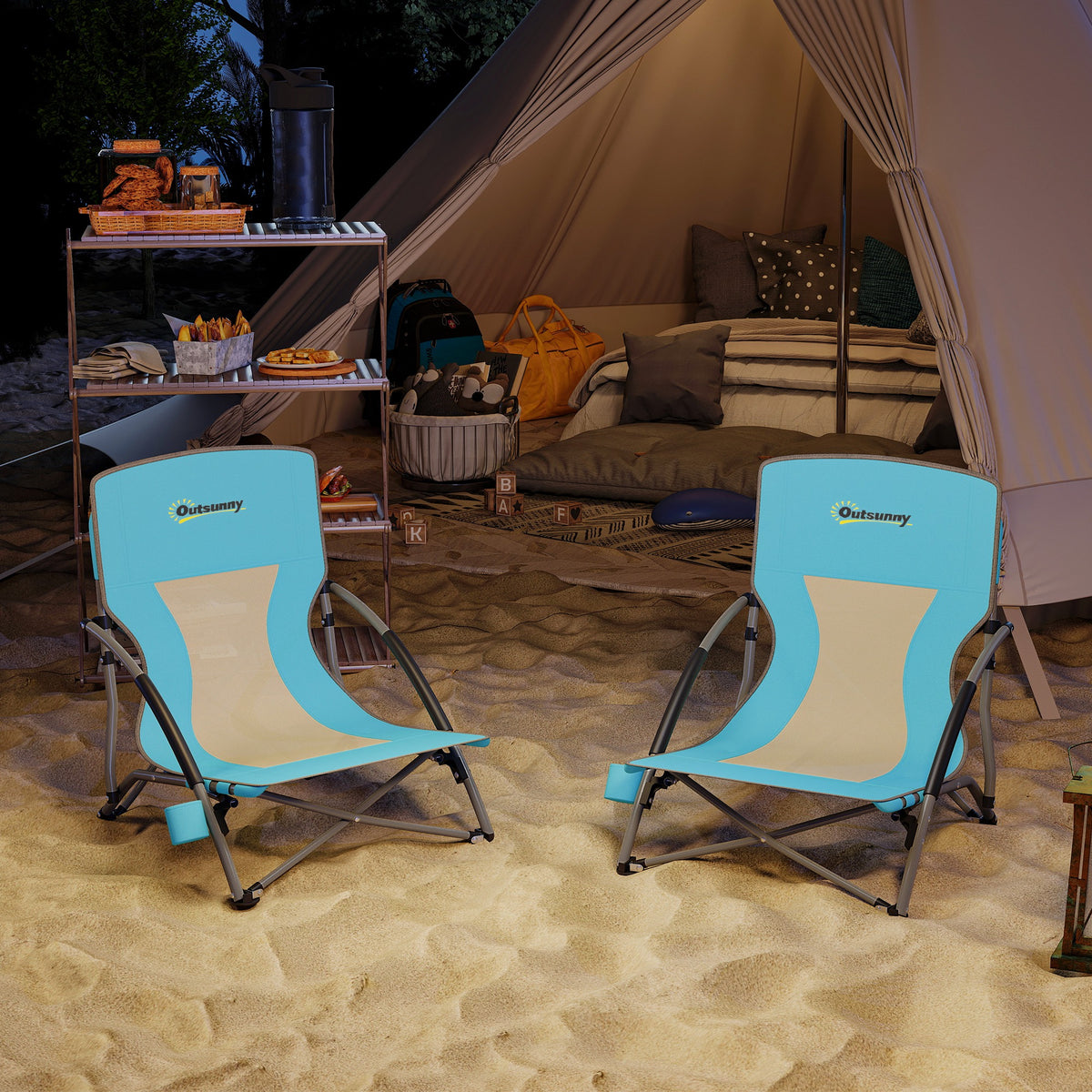 Outsunny Set mit 2 faltbaren Strandstühlen, leichte Campingklappstühle mit Transporttasche und Getränkehalter, 58 x 55 x 62 cm, blau