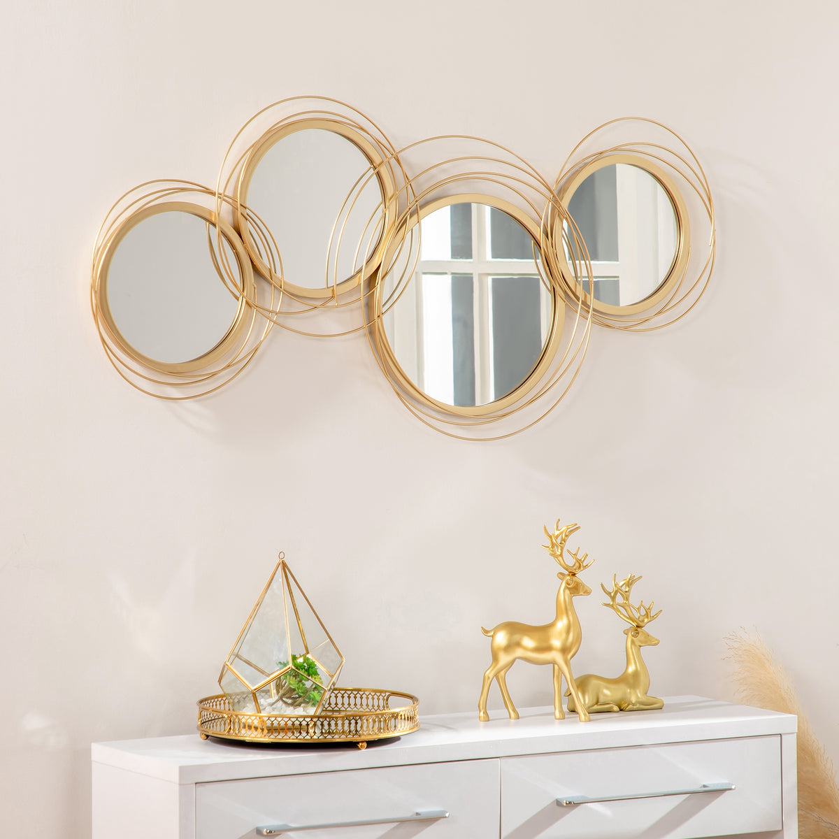 HOMCOM Spiegel-Set für Wanddekoration, Wandschmuck mit 4 runden Spiegeln, Wandspiegel, Flurspiegel,107 x 4 x 56 cm