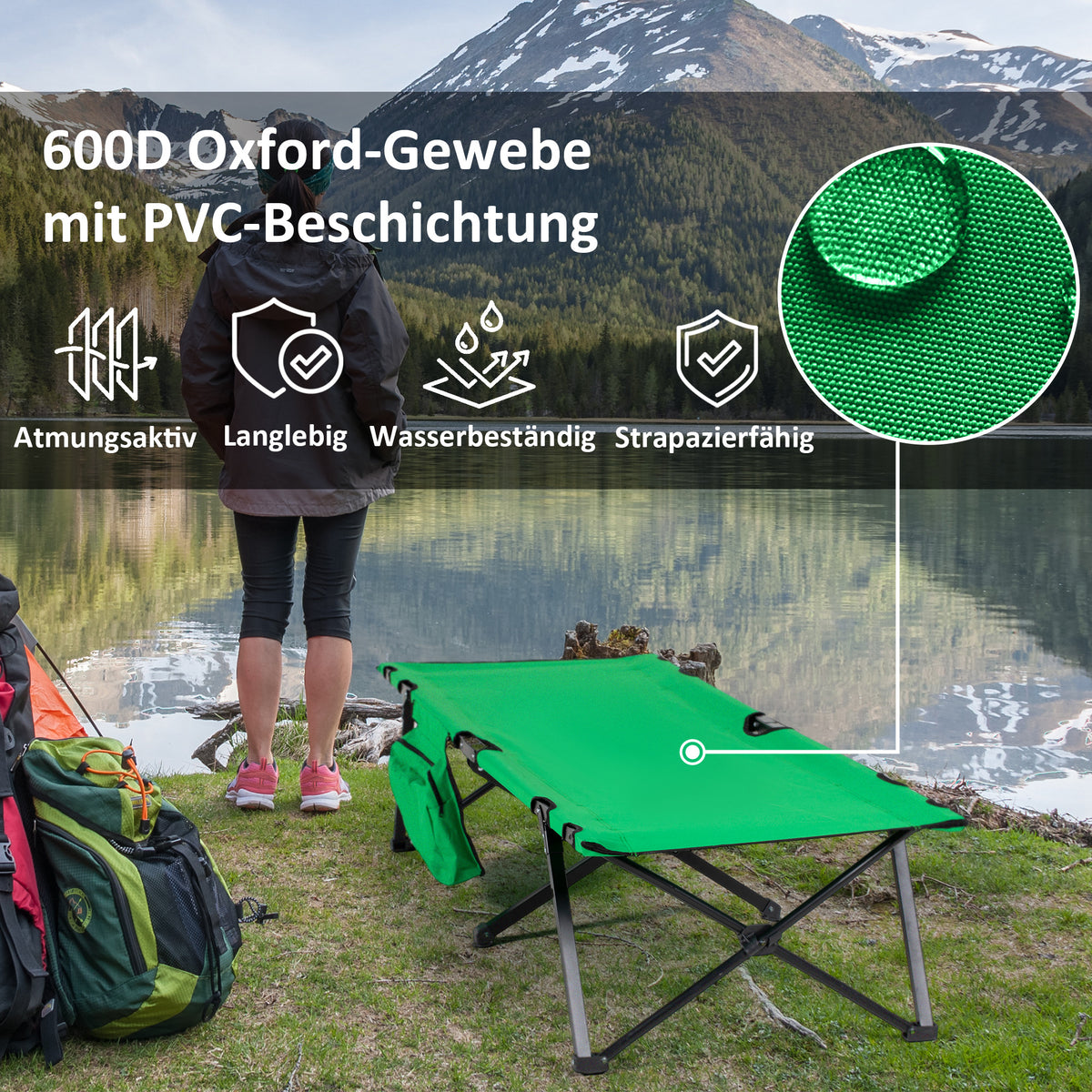 Outsunny Campingbett Feldbett Klappbett klappbar mit Seitentasche Getränkehalter bis 136 kg belastbar Stahl Oxford Grün+Schwarz 190 x 65 x 40 cm