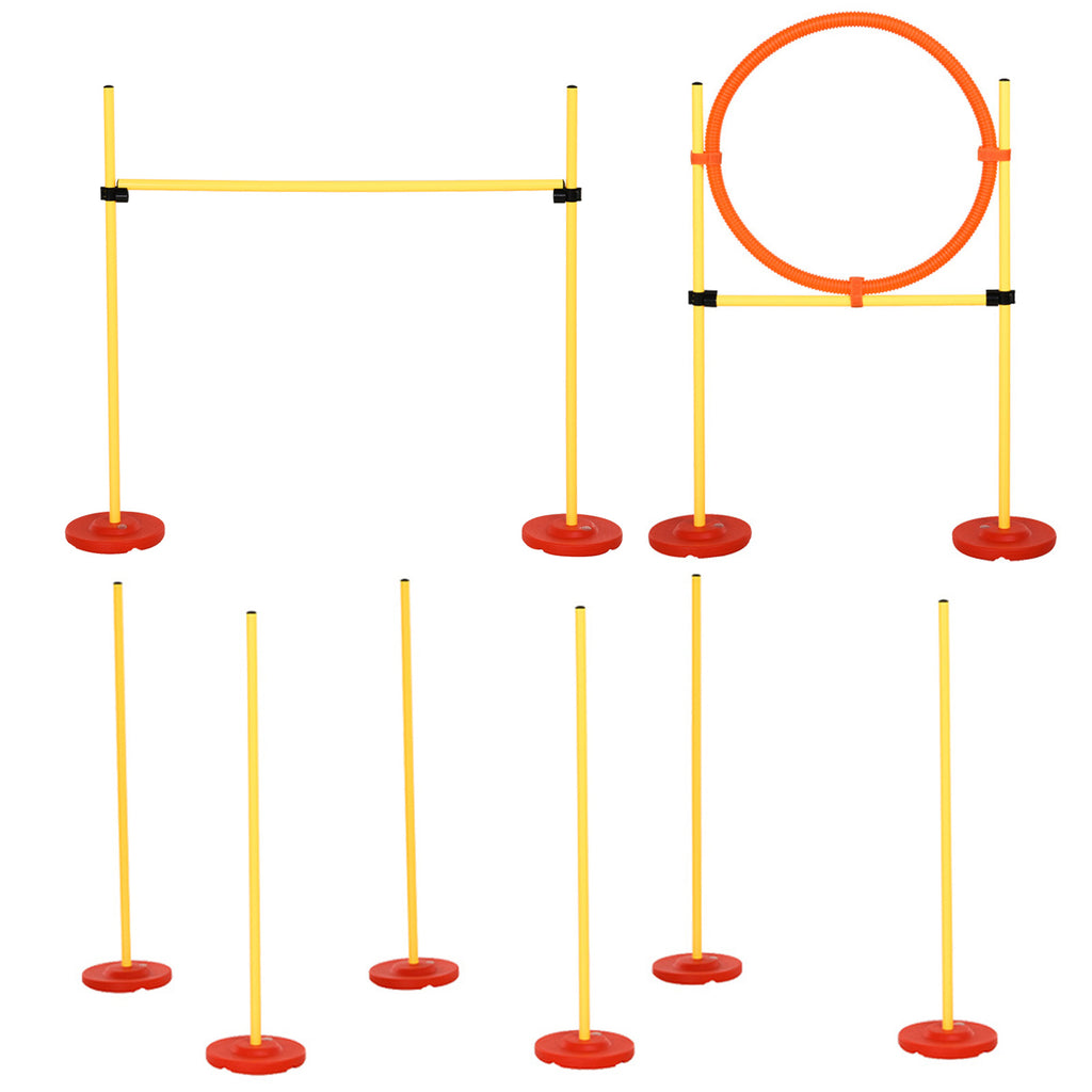 PawHut Agility Set Hunde 3-teiliges Agility-Ausrüstung für Hundetraining Steckhürdenset mit 6 Slalomstangen höhenverstellbar Hürden Sprungreifen Tragetasche Agilityset für Spiele Training