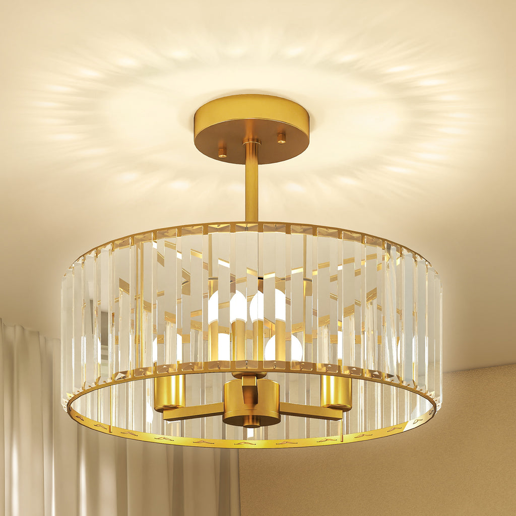 HOMCOM Deckenlampe, Kronleuchter-Design, Kristallschirm, 3 Glühbirnen, Metall, Goldfarben