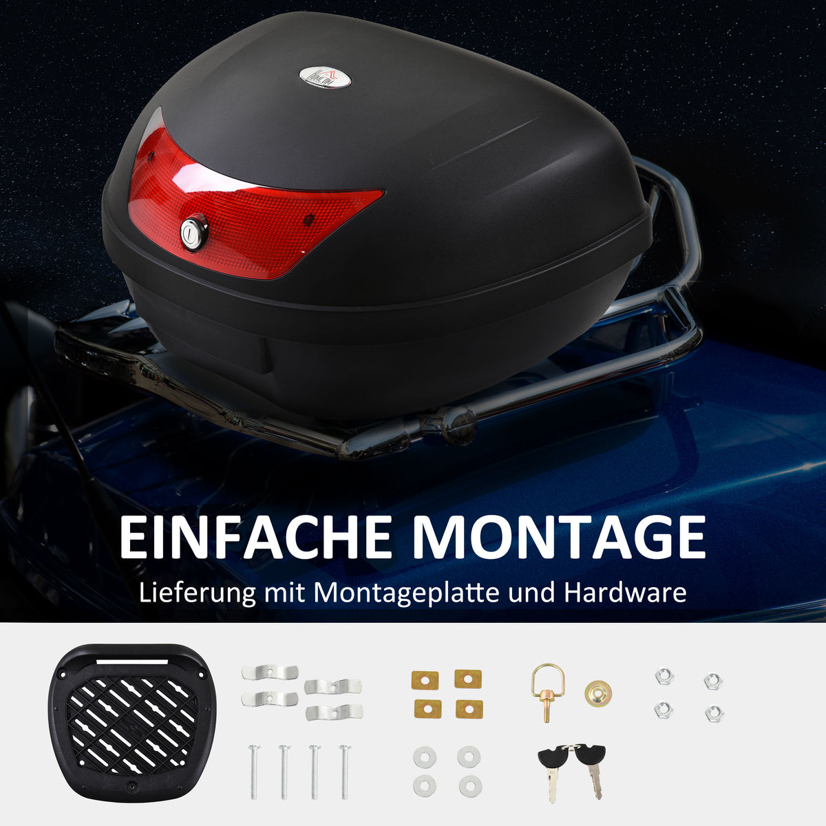 HOMCOM Motorradkoffer, Rollerkoffer für Motorräder, Roller, Mofas und Quads, 48 L Helmkoffer, Topcase, Schwarz, 59 x 43 x 33 cm