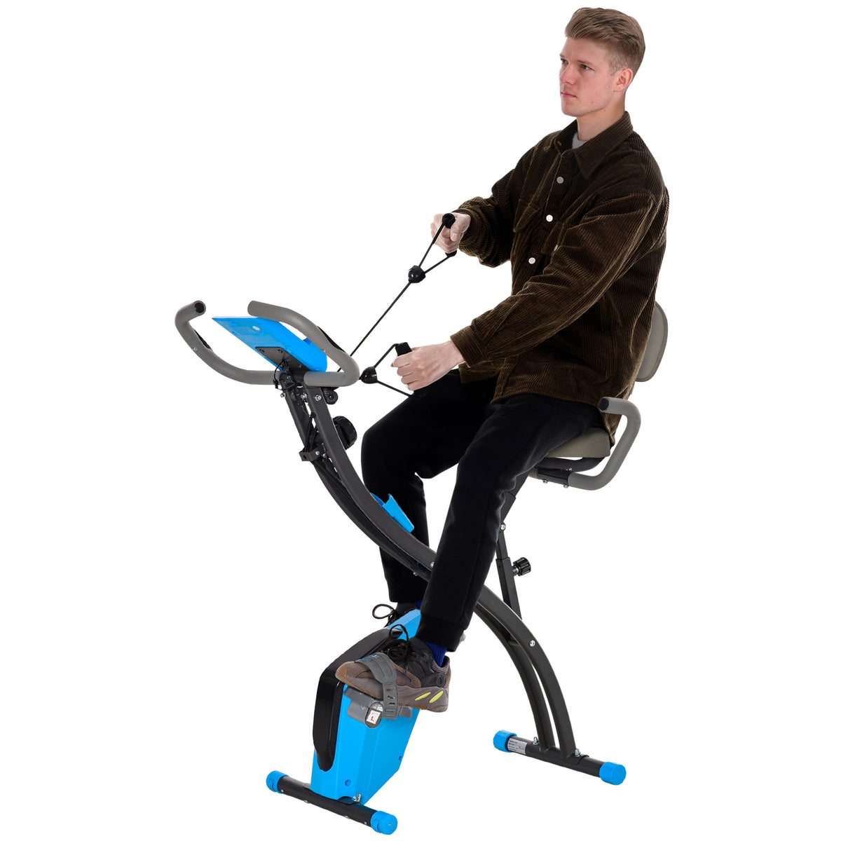HOMCOM Heimtrainer X-Bike 2-in-1 Fahrradtrainer mit LCD-Display,Pulsmesser, klappbarer Hometrainer Trimmrad mit 8 stufig Magnetwiderstand, 1 Paar Spannseil, Stahl Blau 105x48x118 cm