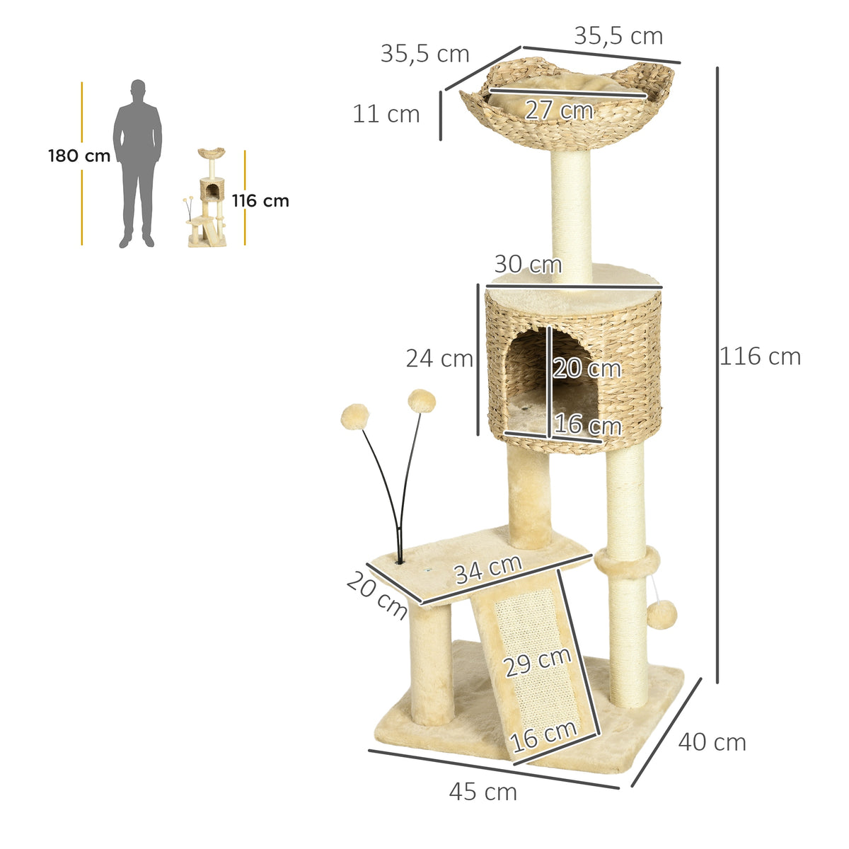 PawHut Kratzbaum mit Katzenhöhle, Liegeplattform, Spielball, 45x40x116cm, Braun/Beige