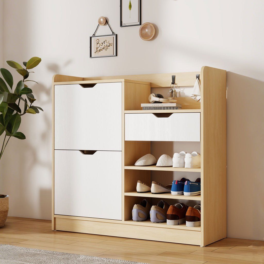 HOMCOM Schuhregal für Flur, Schuhschrank mit Kippschubladen, offenen Regalen, 4 Haken, für bis zu 14 Paar Schuhe, Natur