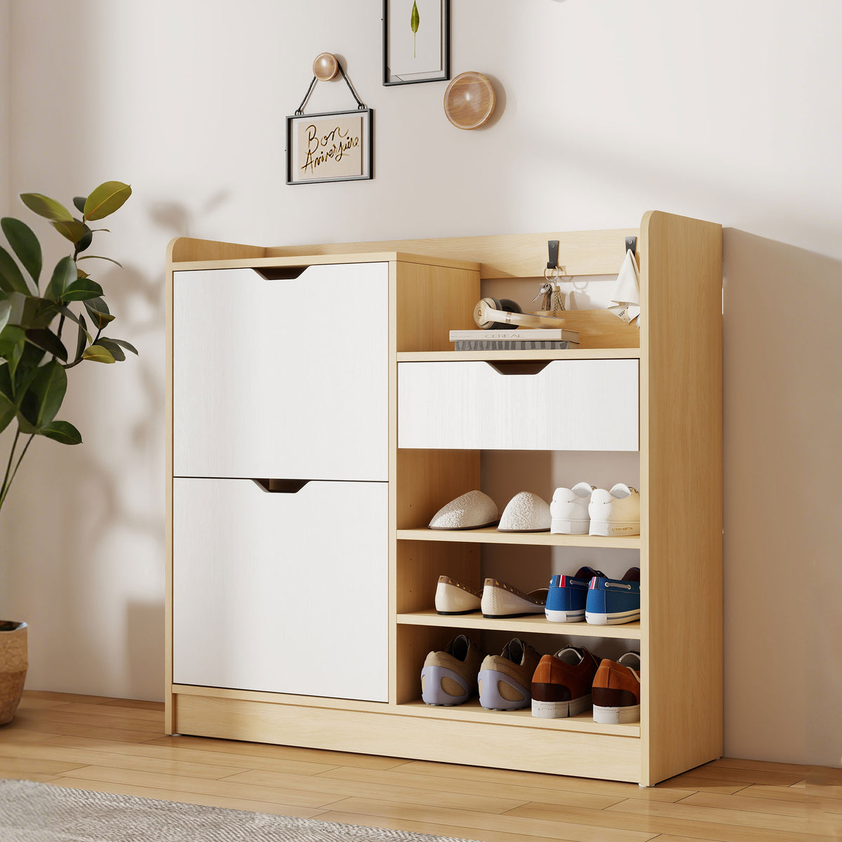 HOMCOM Schuhregal für Flur, Schuhschrank mit Kippschubladen, offenen Regalen, 4 Haken, für bis zu 14 Paar Schuhe, Natur