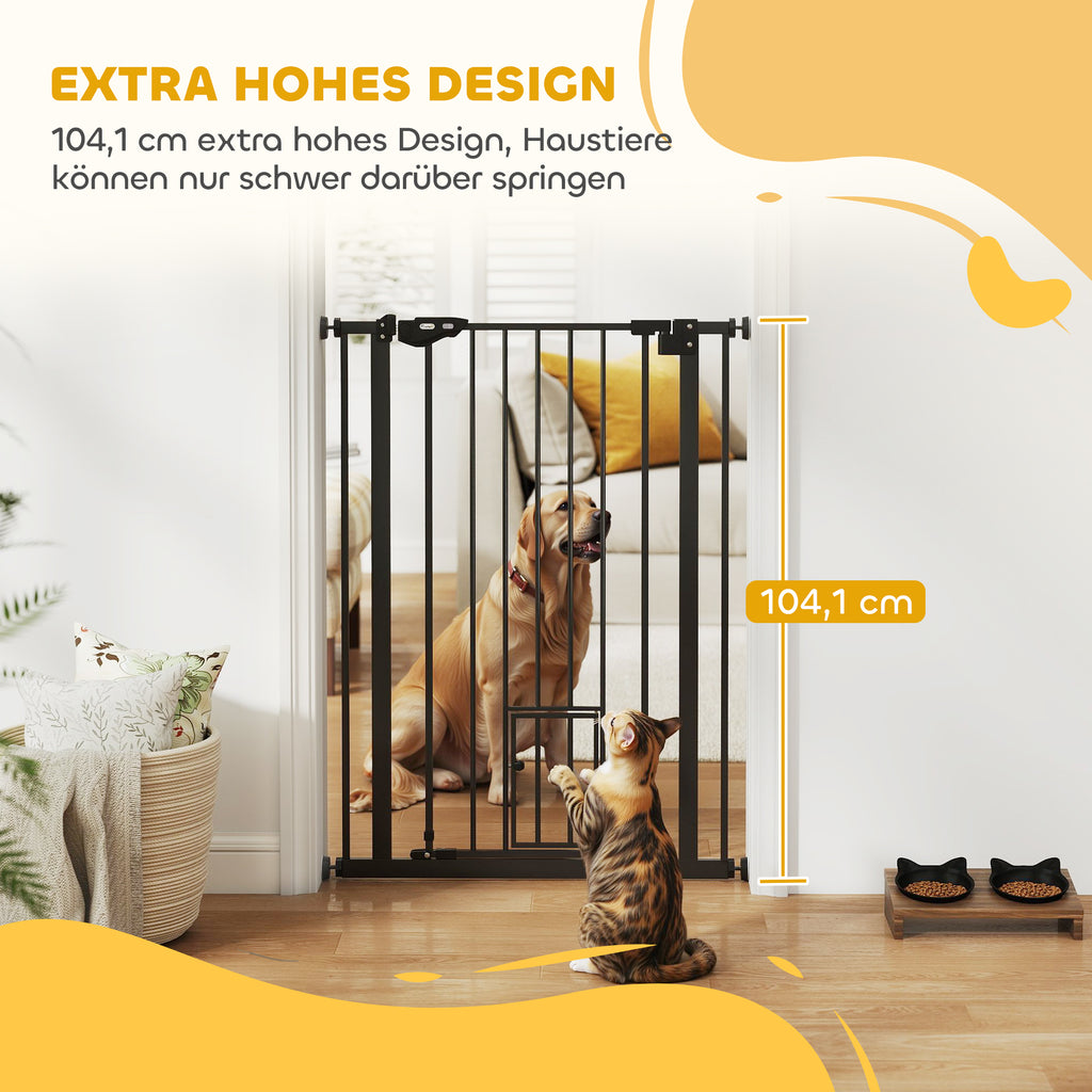PawHut Hunde-Absperrgitter, doppelte Verriegelung, selbstschließende Tür, 104 cm hoch, Stahl, Schwarz