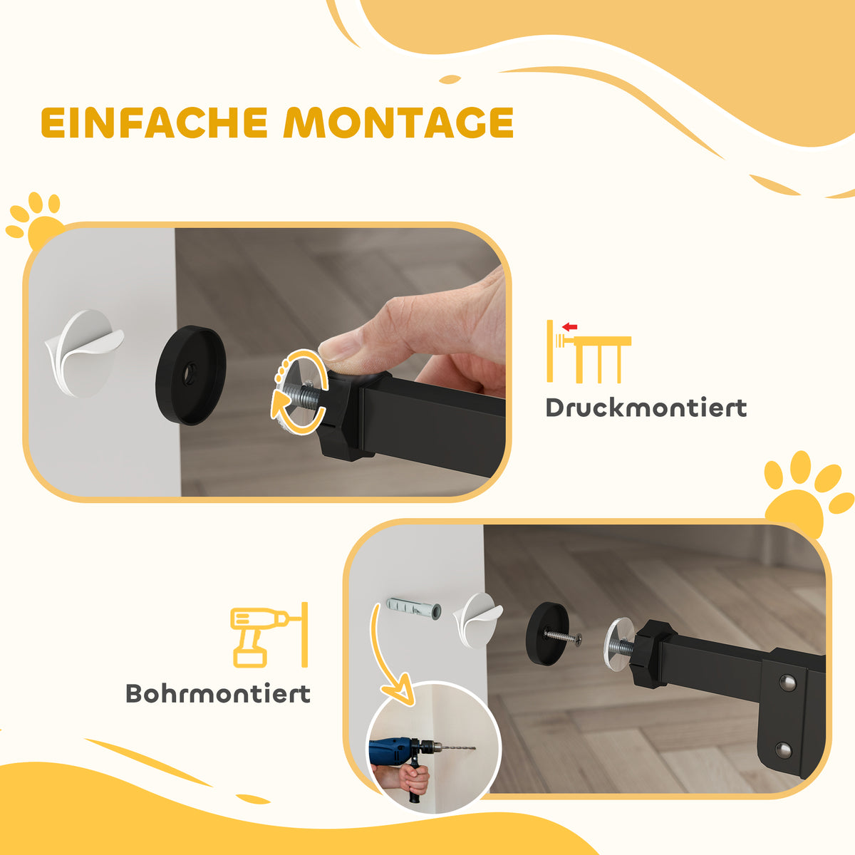 PawHut Hunde-Absperrgitter, doppelte Verriegelung, selbstschließende Tür, 104 cm hoch, Stahl, Schwarz