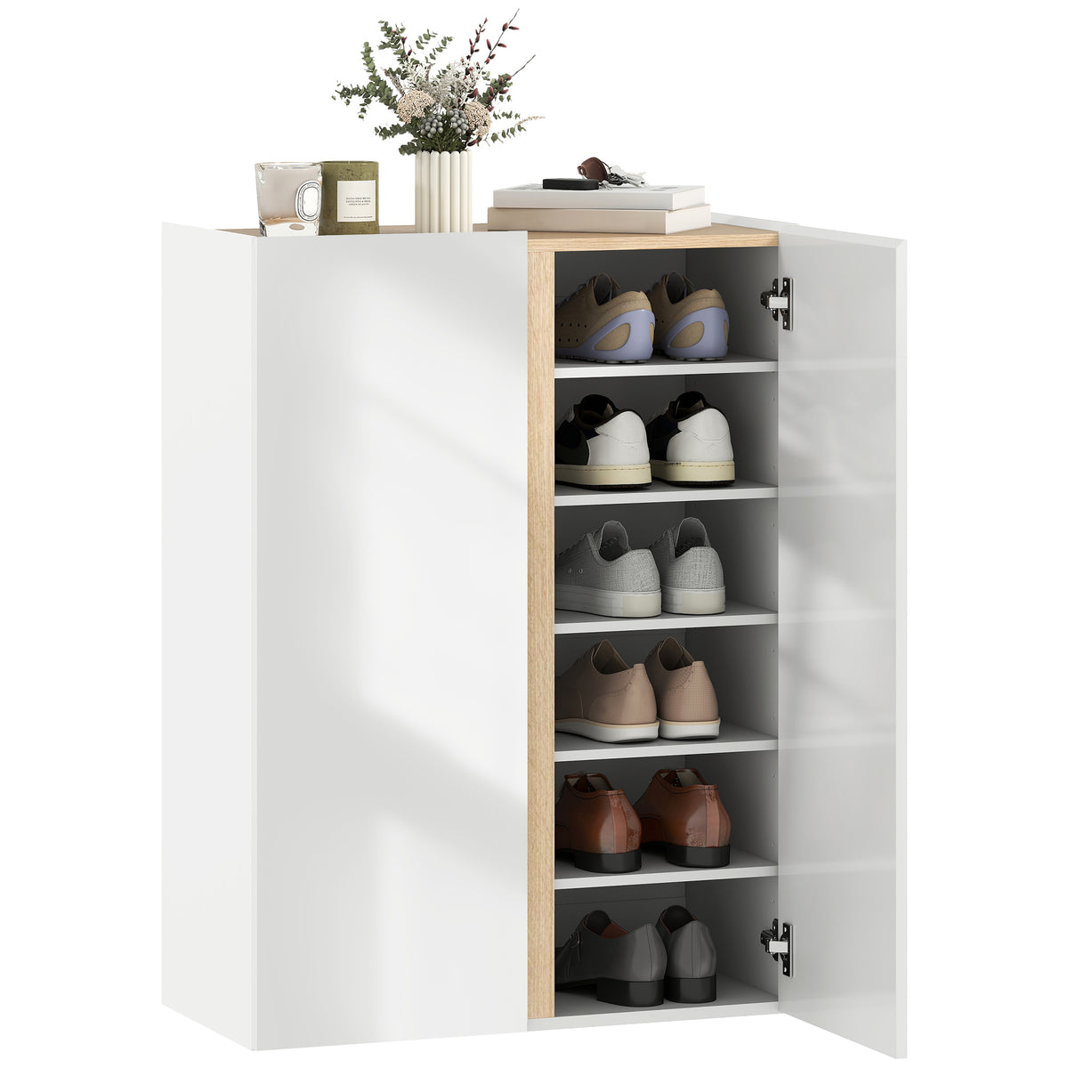 HOMCOM Schuhschrank mit Soft-Close-Funktion, 6-stufiges Design ohne Griffe, fasst bis zu 18 Paare, für Flur, Eingangsbereich, Holz, Weiß