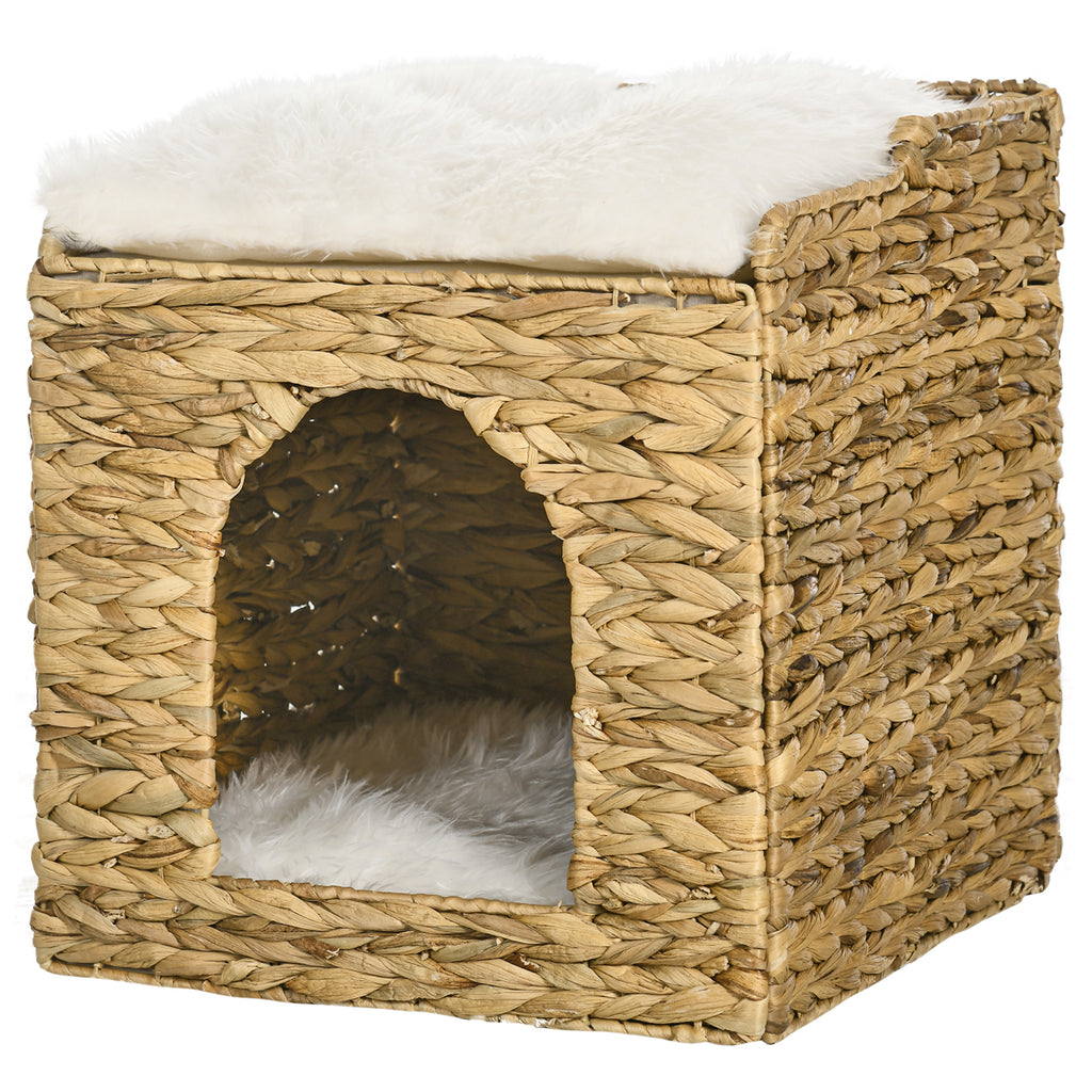 PawHut Katzenhöhle aus Wasserhyazinthen-Gras, 2 Liegefläche, 2 waschbare Kissen, Natur + Weiß