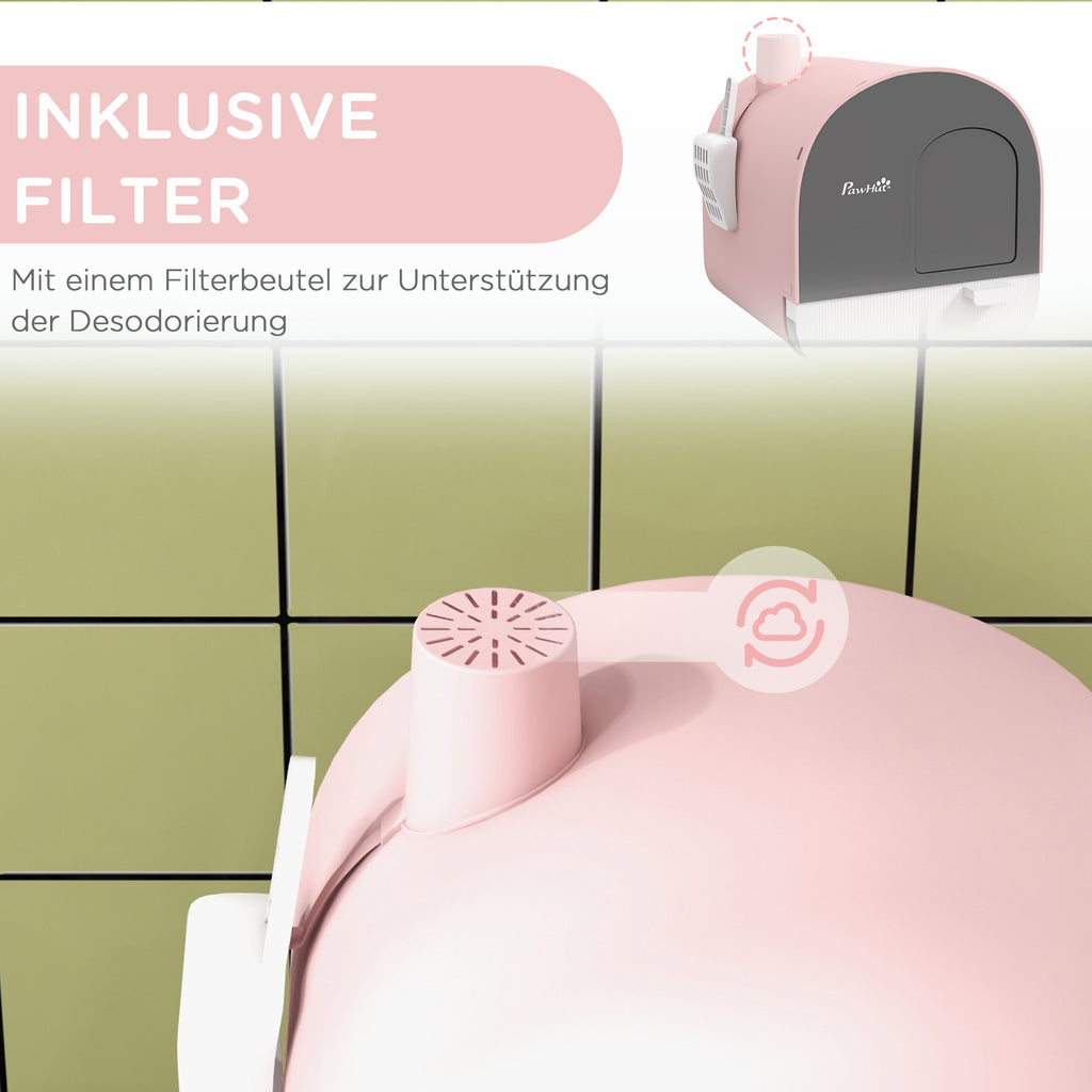 PawHut Katzentoilette mit Deckel, Streuschaufel, Schmutzfangmatte, Kunststoff, Rosa/Schwarz