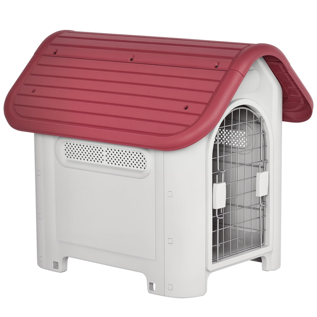 PawHut Hundehütte Outdoor Hundehaus mit Dachluke Tor Unterschlupf für kleine Hunde Kleintierstall Luftzirkulation wasserdicht Metall Kunststoff Rot+Hellgrau 59 x 75 x 66 cm