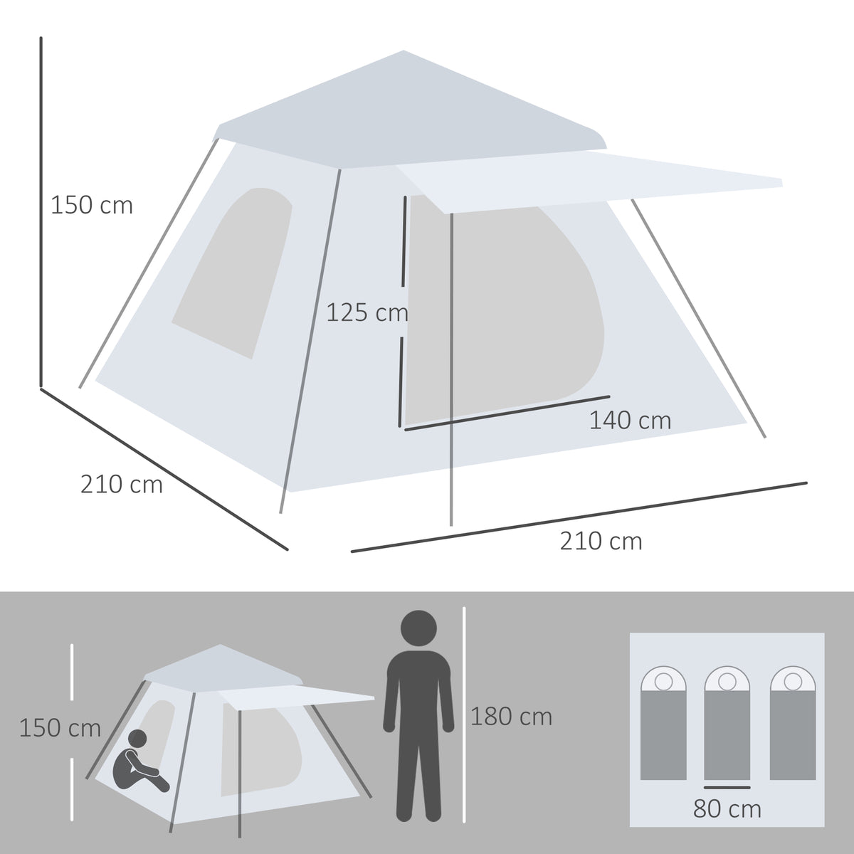 Outsunny Campingzelt Popup-Zelt mit Veranda für 2-3 Personen leicht wasserdicht belüftet Haken zur Aufhängung Transporttasche