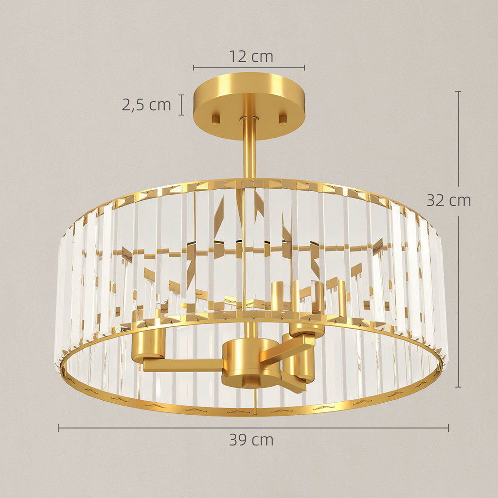 HOMCOM Deckenlampe, Kronleuchter-Design, Kristallschirm, 3 Glühbirnen, Metall, Goldfarben