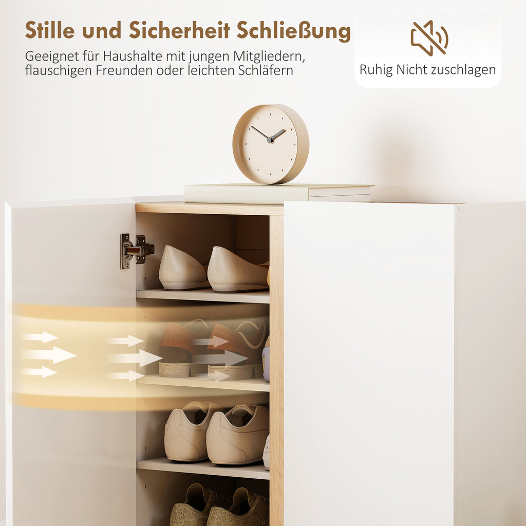HOMCOM Schuhschrank mit Soft-Close-Funktion, 6-stufiges Design ohne Griffe, fasst bis zu 18 Paare, für Flur, Eingangsbereich, Holz, Weiß
