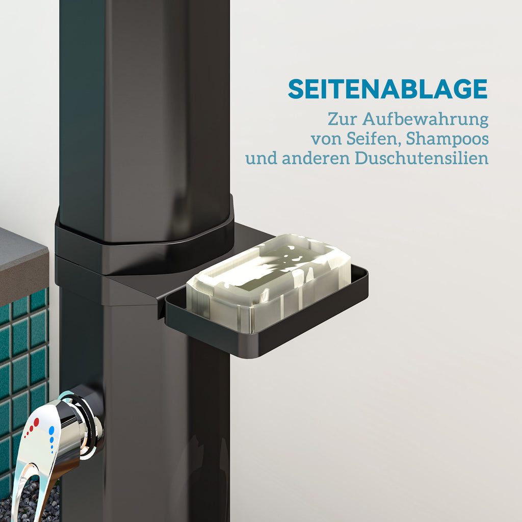Outsunny Solardusche 35 Liter Solar Gartendusche mit Wasserhahn Duschkopf Handbrause seitliche Tablett, bis 55 °C Schwarz