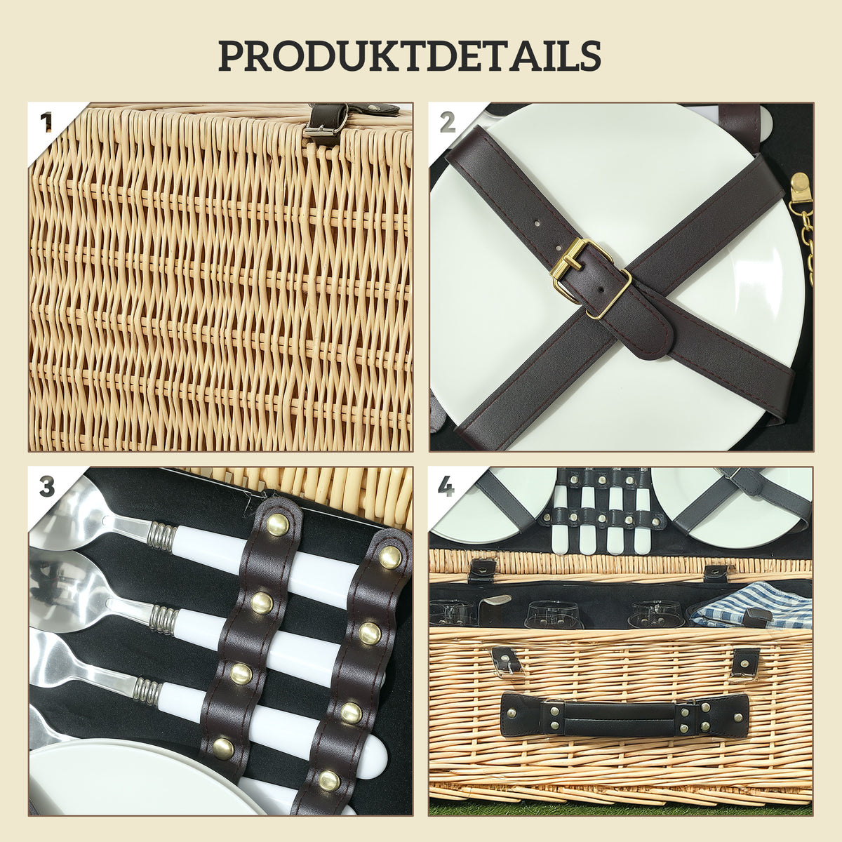 Outsunny Picknickkorb aus Weidenholz Picknickkoffer für 4 Personen mit Isoliert Kühlfach Besteck Set Naturholz