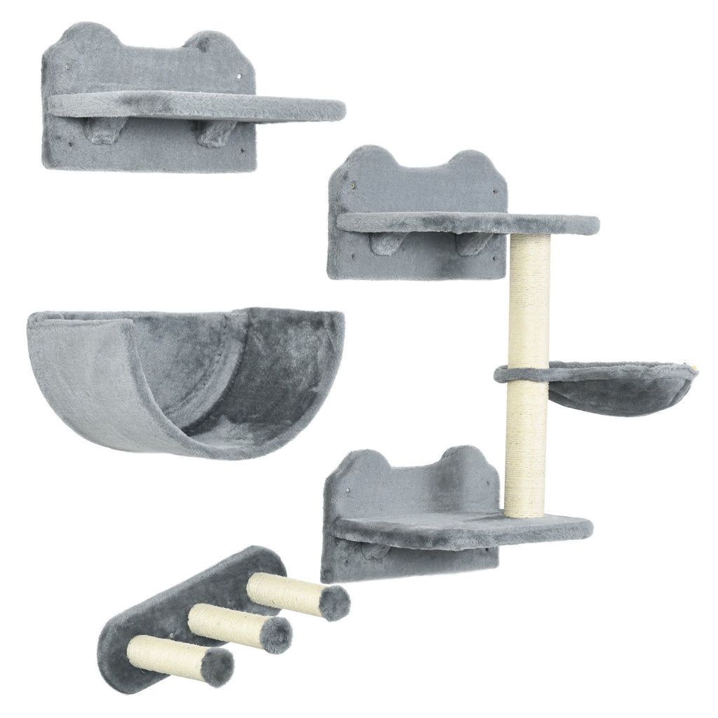 PawHut Kletterwand-Set für Katzen, Hängematte, Kratzbrett, Sprungplattformen, Plüsch, Sisal, Grau