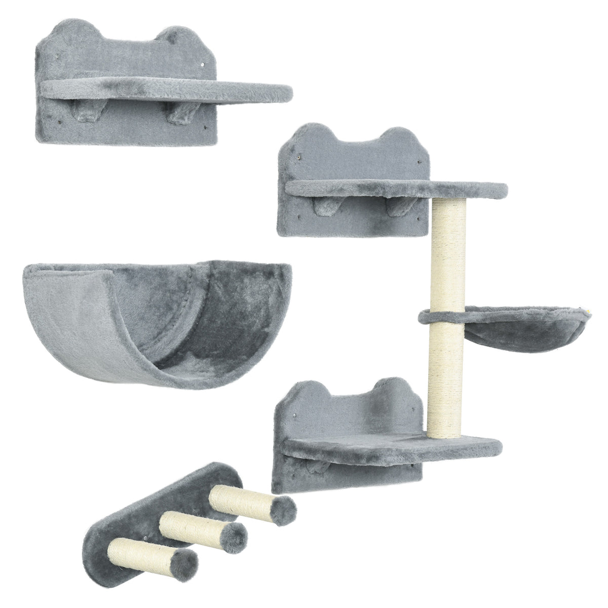 PawHut Kletterwand-Set für Katzen, Hängematte, Kratzbrett, Sprungplattformen, Plüsch, Sisal, Grau
