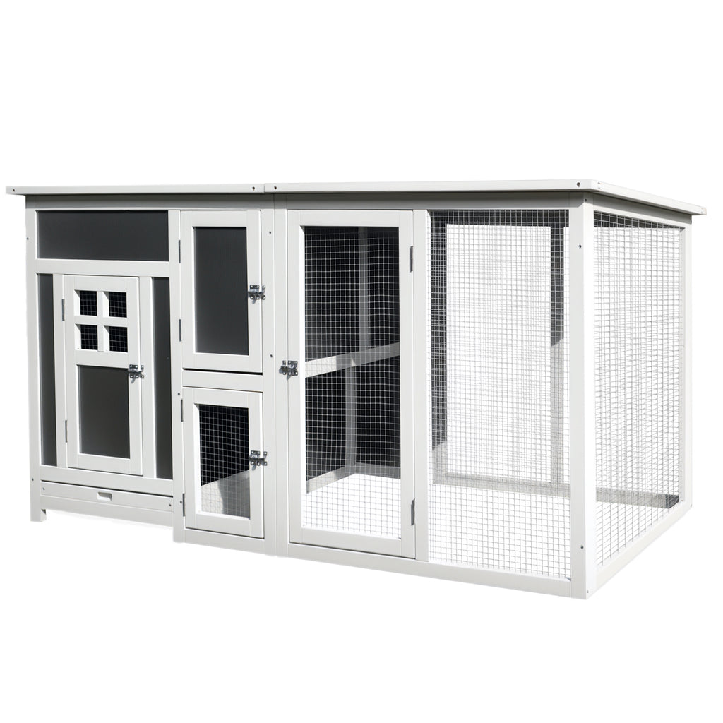 PawHut Hühnerstall Hühnerhaus Geeignet für 1-2 Hühner, mit Nistkasten Eierkiste mit 2 Fächern, Tanne, Grau+Weiß, 160 x 75 x 80 cm