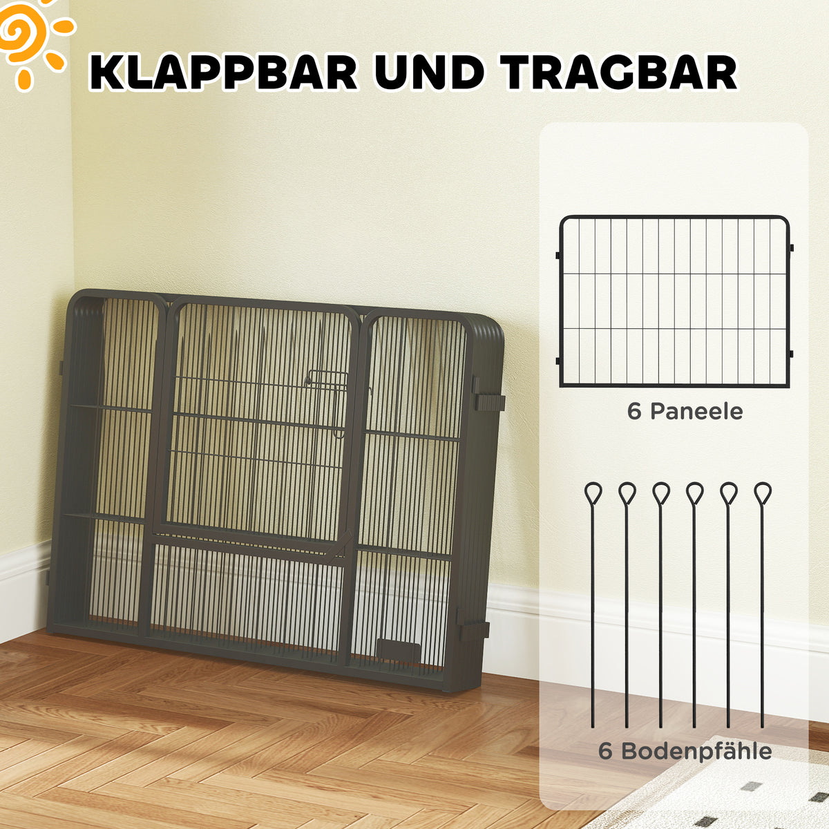 PawHut Hundezaun, Haustiergehege, 6 Paneele, Stahl, faltbar, Grau