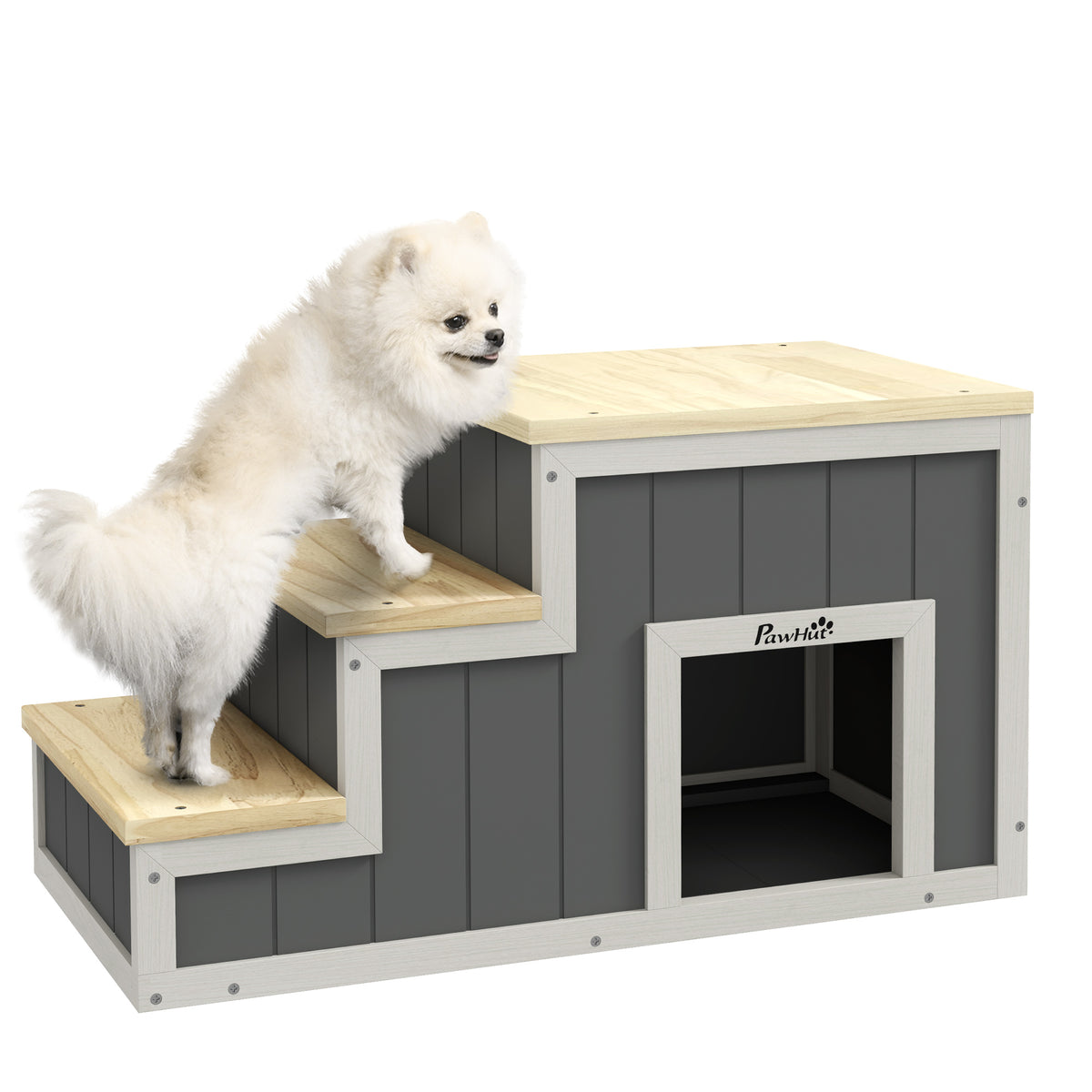 PawHut Haustiertreppe Hundetreppe, 3 Stufen, Kiefernholz, 79 cm x 38,5 cm x 45 cm, Natur + Weiß