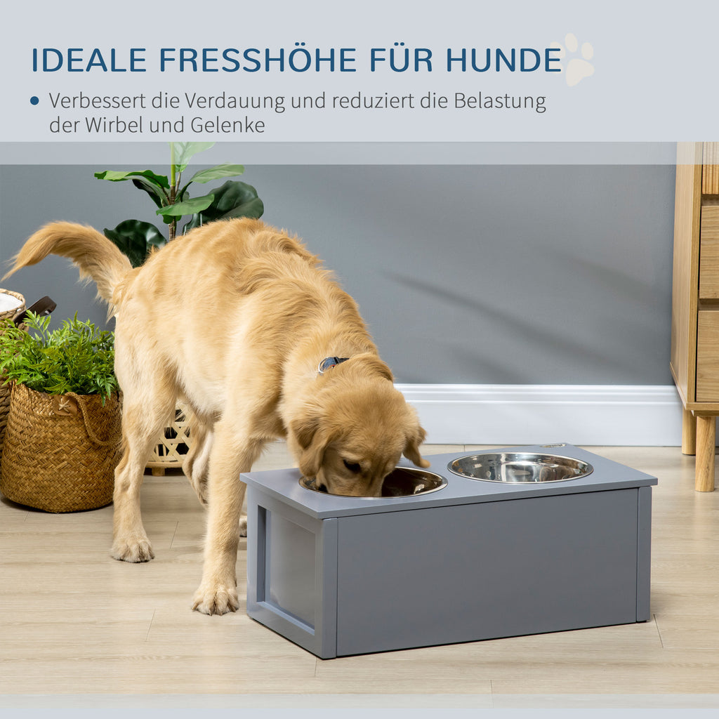 PawHut Futterstation, 2 Fressnäpfe je 2 Liter, Edelstahl, mit Schublade, für mittlere Hunde, grau, 60 x 30 x 24cm