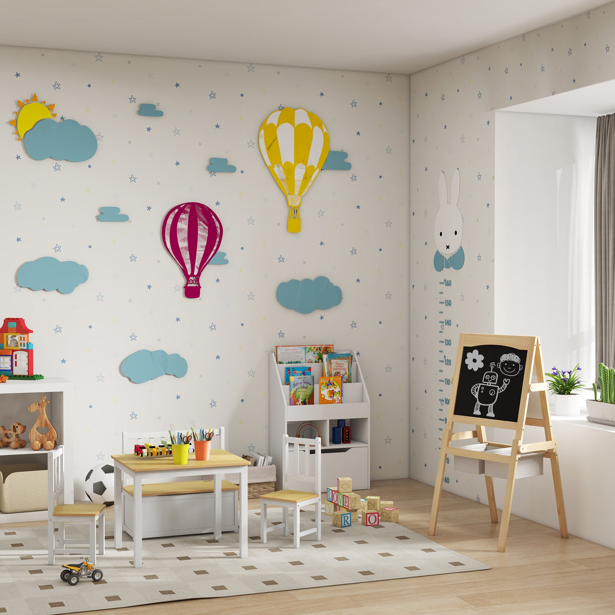 AIYAPLAY Kinderstaffelei Doppelseitige Schiefertafel Weiße Tafel Kreidetafel Papierrolle 58 x 50,5 x 109 cm Natur