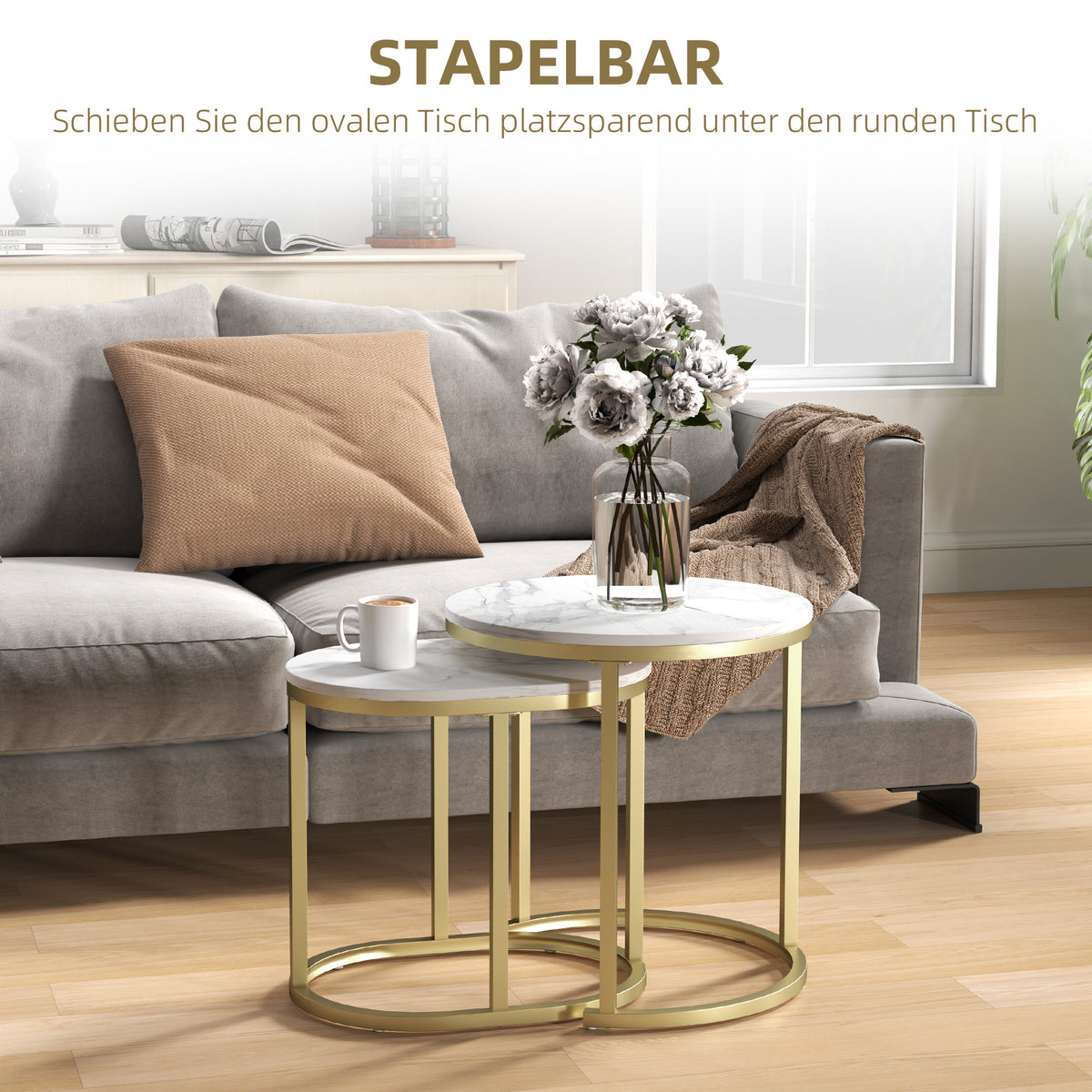 HOMCOM 2er-Set Couchtisch, Ovaler und runder Kaffeetisch, stapelbar, Marmoroptik, Stahl, Ø50 x 50,5 cm, Weiß