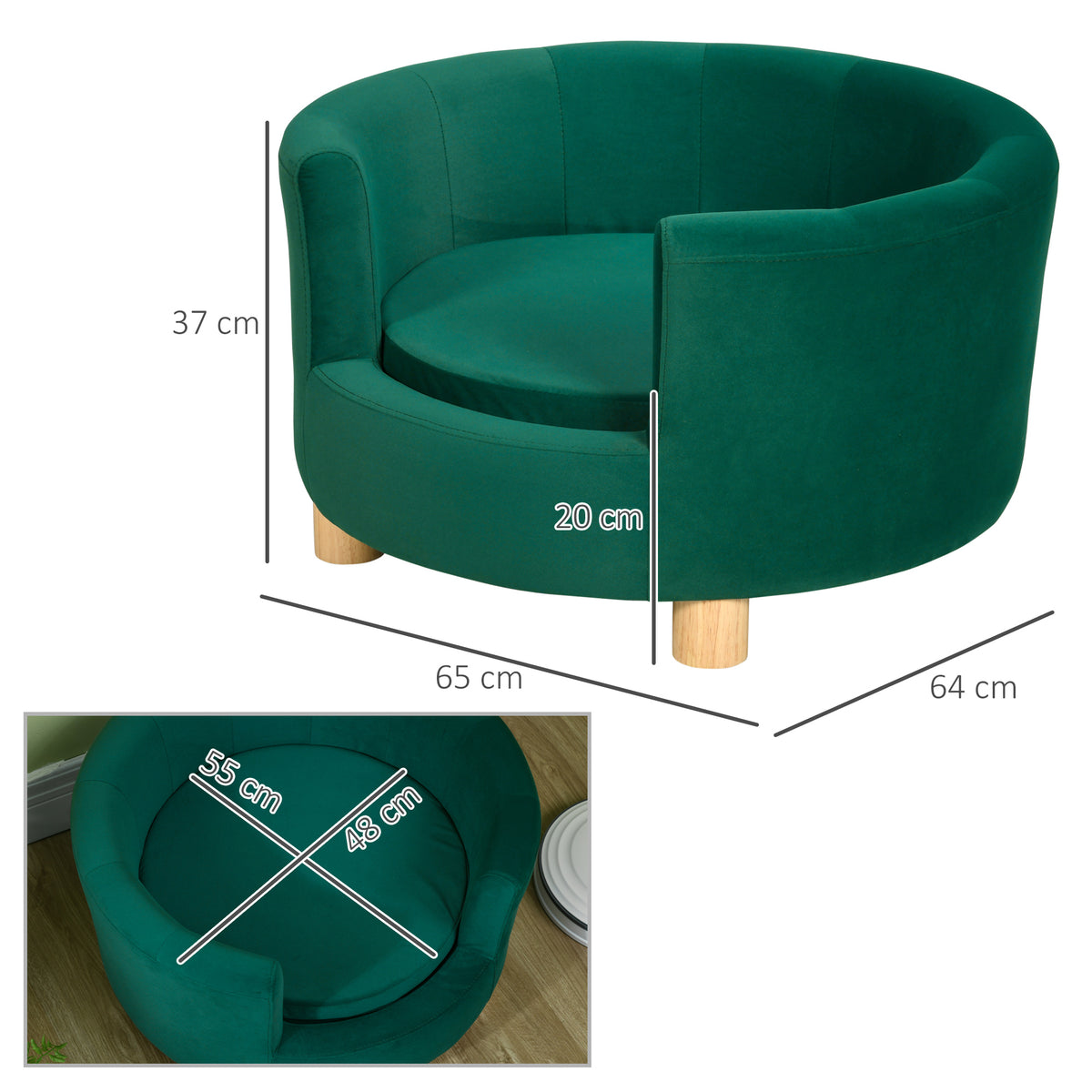 PawHut Hundesofa Hundecouch, Waschbarer Bezug, Haustiersofa mit Rückenlehne und Holzbeine, Katzensofa, für kleine Hunde unter 4,5 kg, Grün