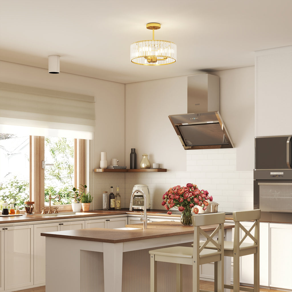 HOMCOM Deckenlampe, Kronleuchter-Design, Kristallschirm, 3 Glühbirnen, Metall, Goldfarben