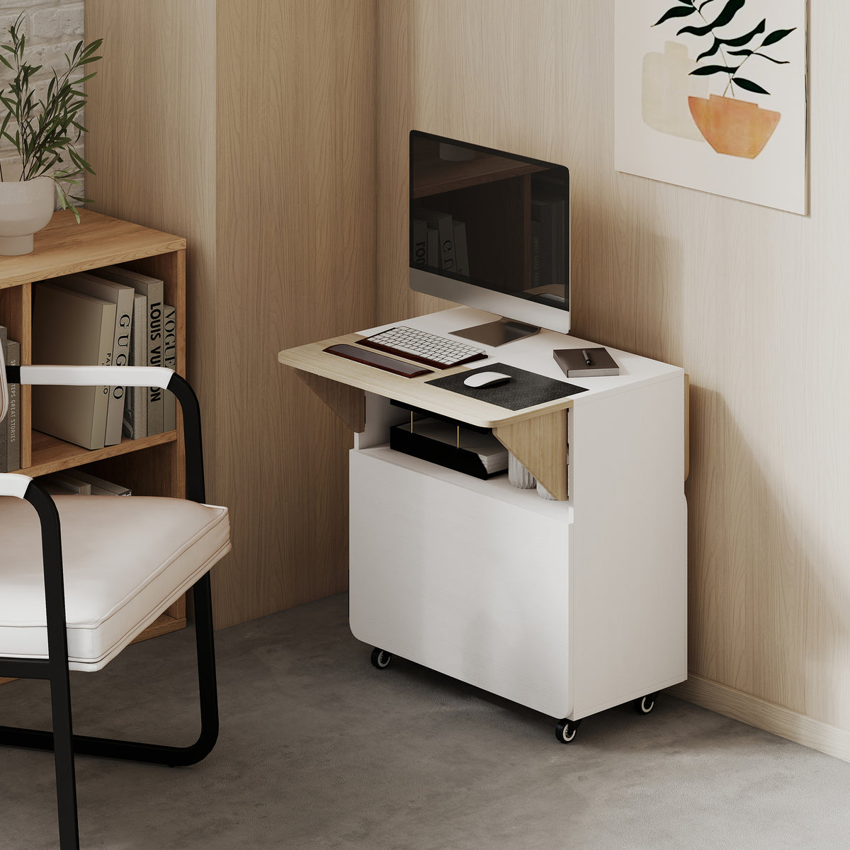 HOMCOM Klapptisch Rollschrank, zwei klappbare Tischseiten, Schrankfach, 4 Rollen, Weiß+Naturholz, 70 x 83 x 75cm
