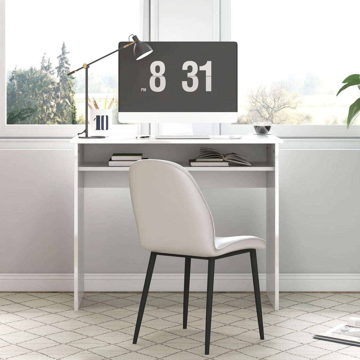HOMCOM Schlichter und kompakter Computertisch mit 1 Regal, Spanplatten, Maße 90l x 50B x 74H cm, Lackweiß