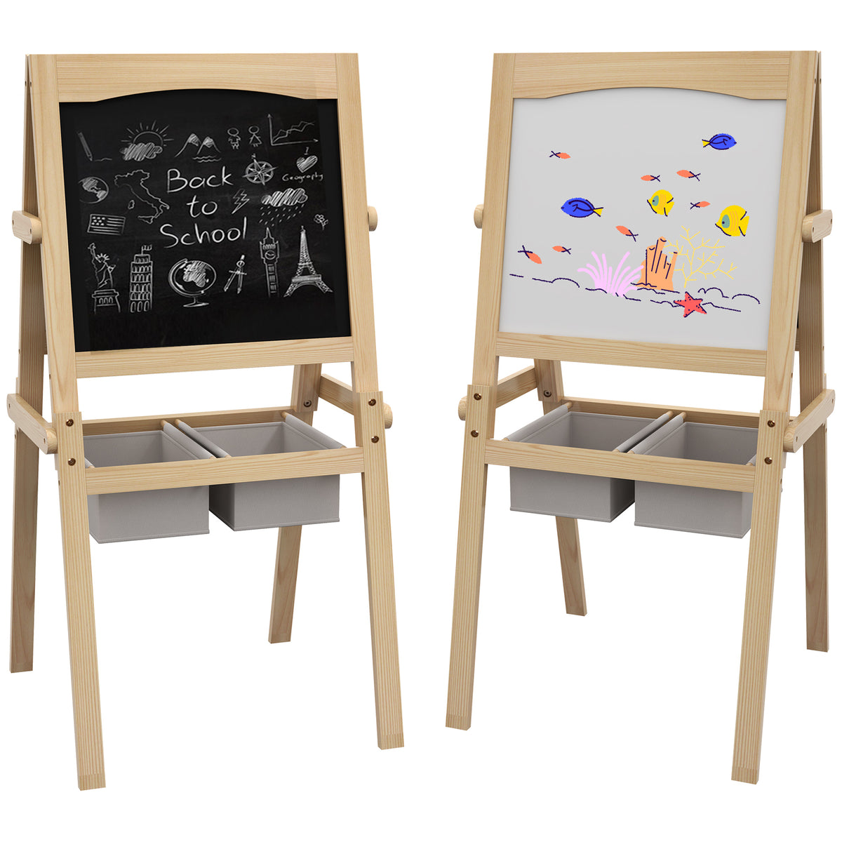 AIYAPLAY Kinderstaffelei Doppelseitige Schiefertafel Weiße Tafel Kreidetafel Papierrolle 58 x 50,5 x 109 cm Natur