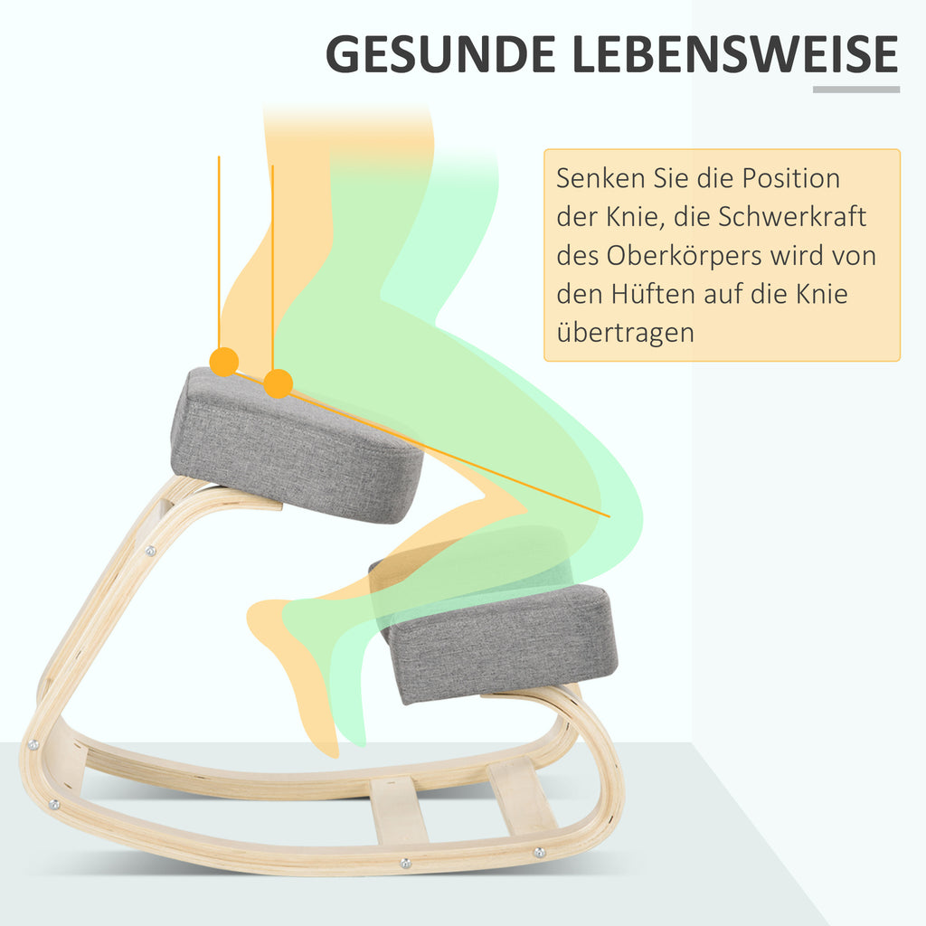 Vinsetto Kniestuhl, ergonomischer Sitzhocker, Polsterhocker für gesunde Sitzhaltung, Birkenholz, 120 kg belastbar, Grau