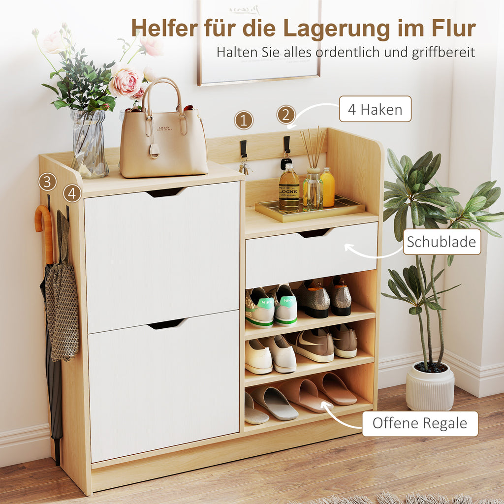 HOMCOM Schuhregal für Flur, Schuhschrank mit Kippschubladen, offenen Regalen, 4 Haken, für bis zu 14 Paar Schuhe, Natur