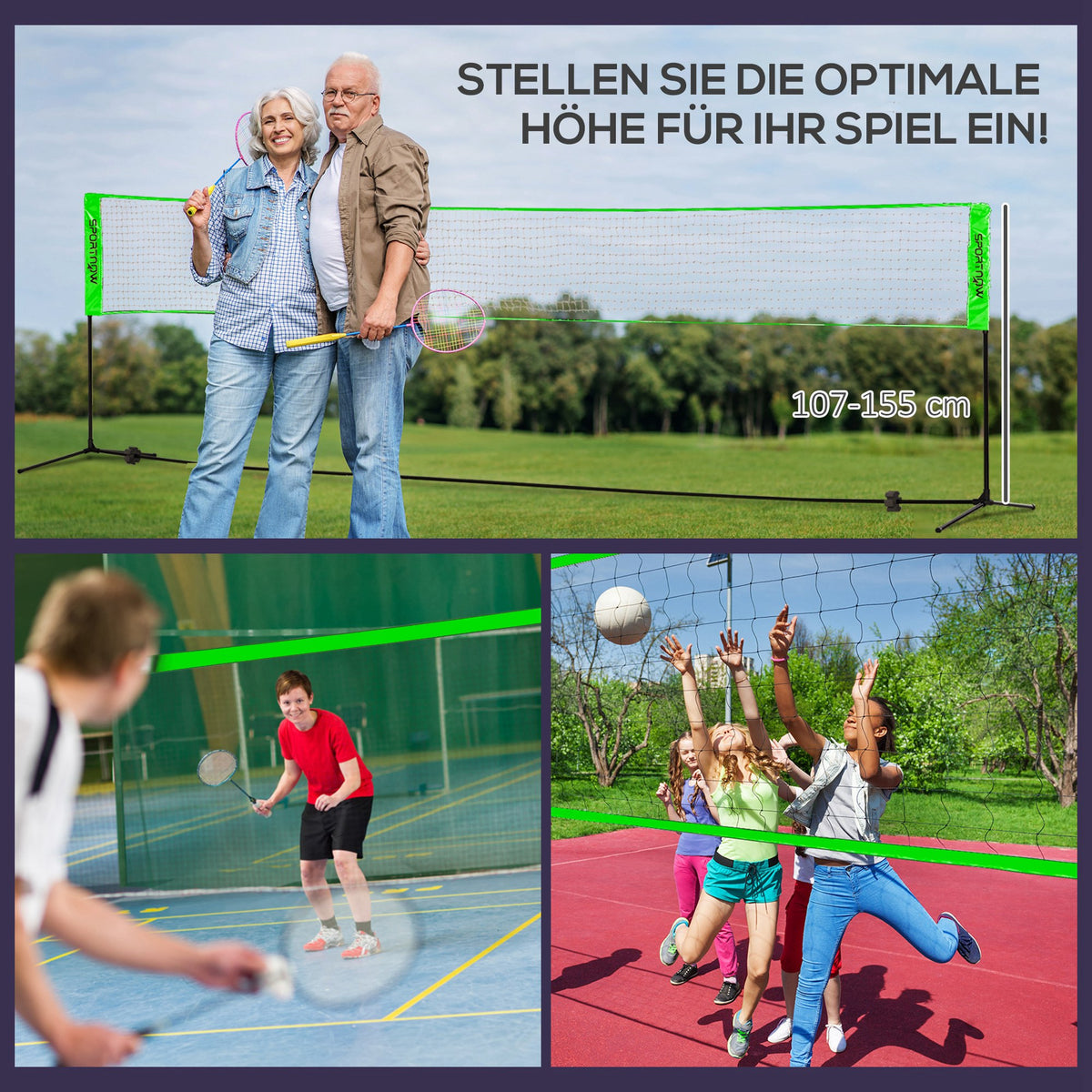 SPORTNOW Badminton-Set mit 2 Schlägern, 3 Federbällen, höhenverstellbar 107-155 cm, Schwarz-Grün