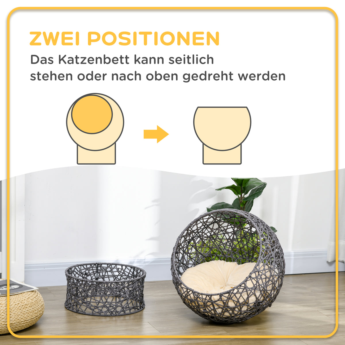 PawHut Katzenkorb, Katzenhöhle inkl. Kissen, 2-teilig, 50 cm x 50 cm x 60 cm, Cremeweiß + Anthrazit