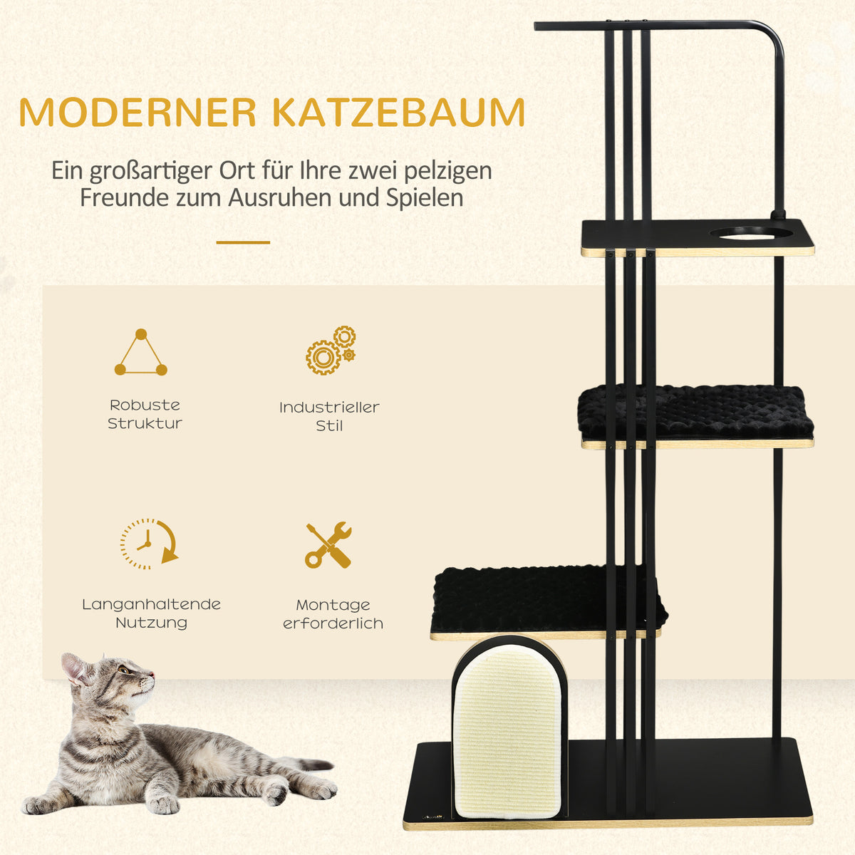PawHut Kratzbaum, Industrial Design, 3 Plattformen, 2 Liegekissen, Kratzwand, Stahlrahmen, schwarz, 85 x 48 x 170 cm