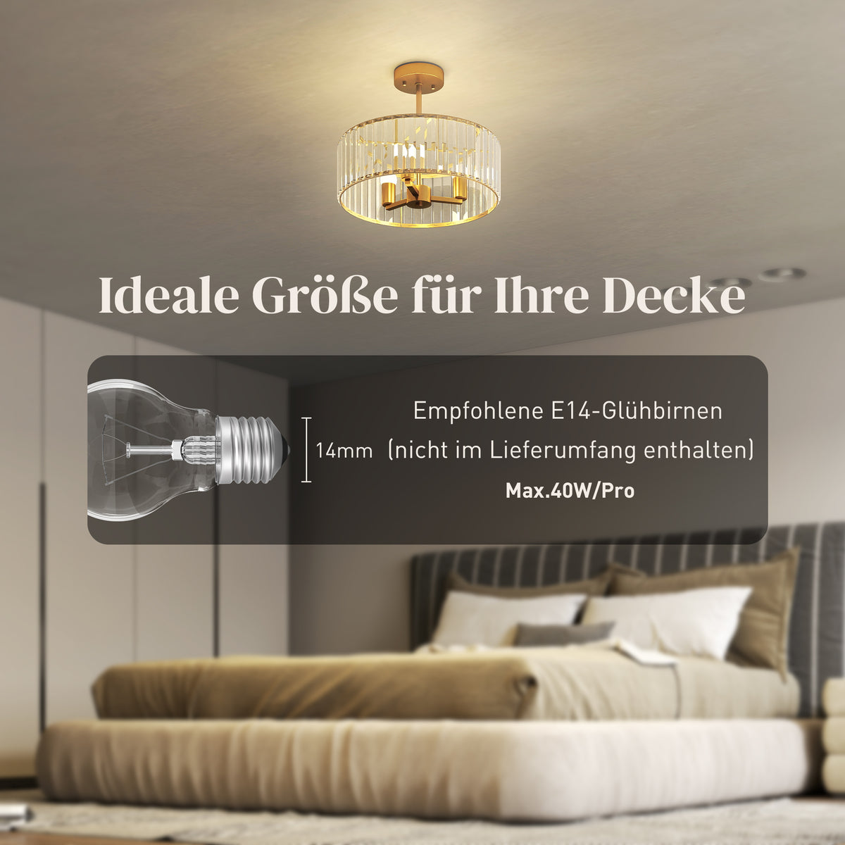 HOMCOM Deckenlampe, Kronleuchter-Design, Kristallschirm, 3 Glühbirnen, Metall, Goldfarben