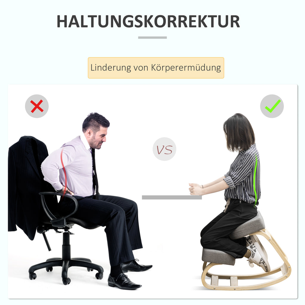 Vinsetto Kniestuhl, ergonomischer Sitzhocker, Polsterhocker für gesunde Sitzhaltung, Birkenholz, 120 kg belastbar, Grau