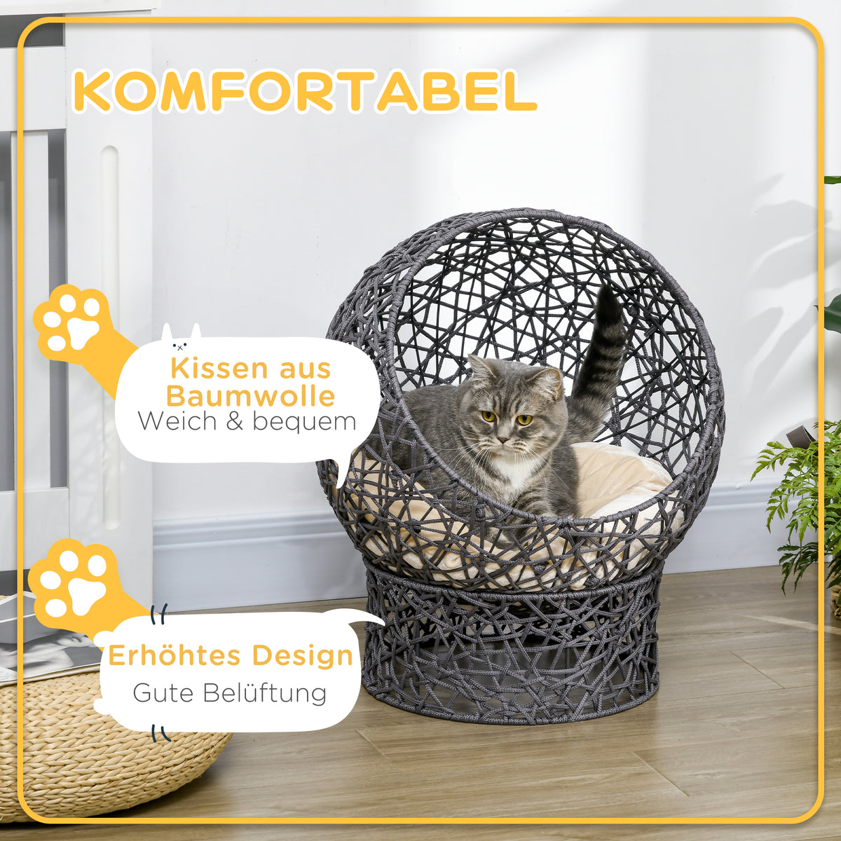 PawHut Katzenkorb, Katzenhöhle inkl. Kissen, 2-teilig, 50 cm x 50 cm x 60 cm, Cremeweiß + Anthrazit