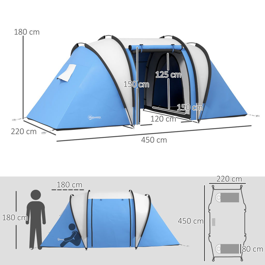 Outsunny Campingzelt für 4-5 Personen leicht wasserabweisend Familienzelt mit 3 Zimmer Seitentür Fenster Blau