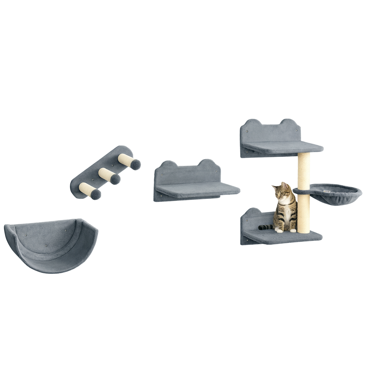 PawHut Kletterwand-Set für Katzen, Hängematte, Kratzbrett, Sprungplattformen, Plüsch, Sisal, Grau